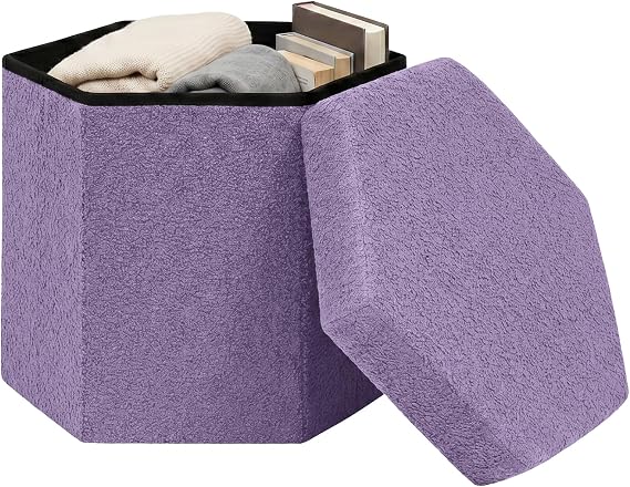 Hexagon Storage Ottoman, 15 Inch Foldable Footstool, Purple