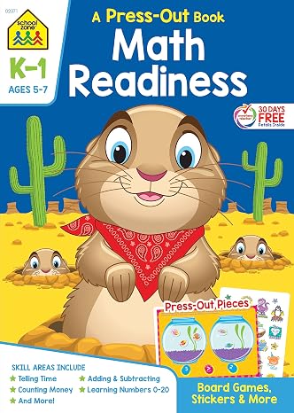 School Zone Math Readiness Press-Out Workbook: 64 Pages, Kindergarten, 1st Grade, Manipulatives, Board Games, Telling Time, Numbers, Counting Money, Stickers, Ages 5 to 7