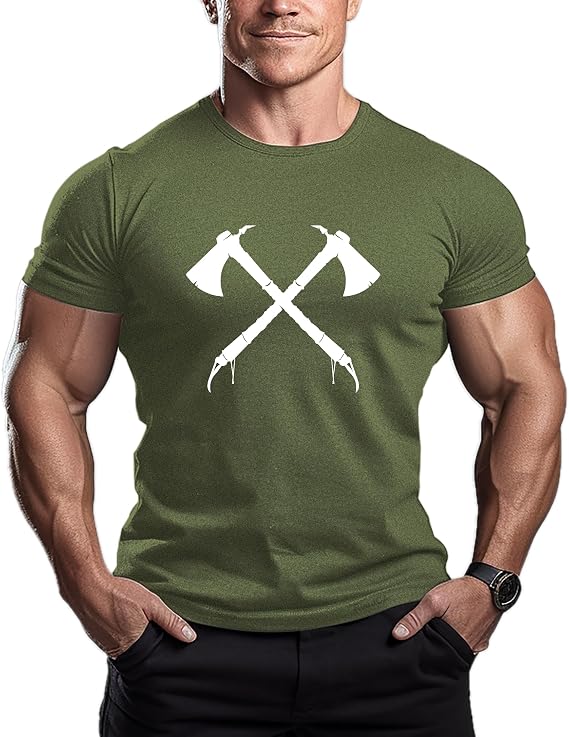 ReedCA Viking Tomahawk Mens Graphic T-Shirt, Cotton Short Sleeve Workout Tee for Gym Training & Fitness