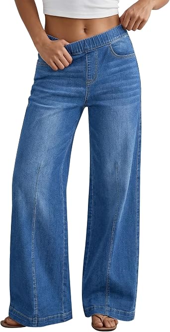 GRAPENT Pull On Womens Jeans Baggy Stretchy High Waisted Denim Wide Leg Trouser Pants Trendy Front Seam 90s Loose Jean