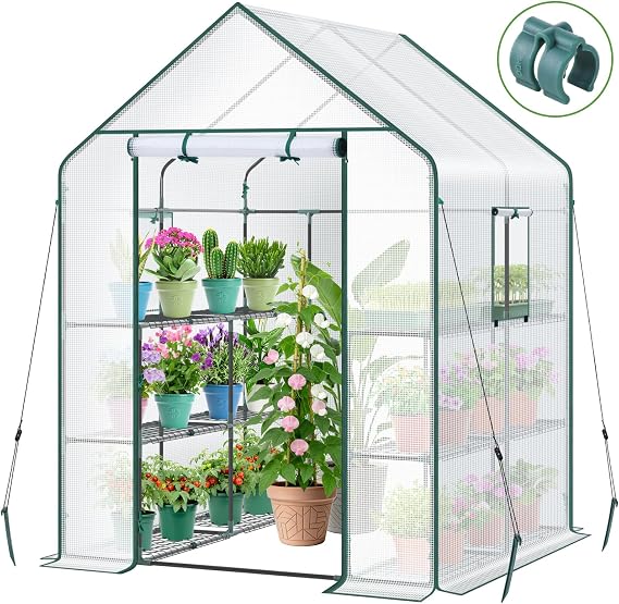 Ohuhu Greenhouse for Outdoors: 3 Tiers 12 Shelves Walk-in Indoor Green House Heavy Duty Plant Stands Reinforced Plastic PE Cover Mini Portable Warm House for Outside, 4.8x2.5x6.4 FT