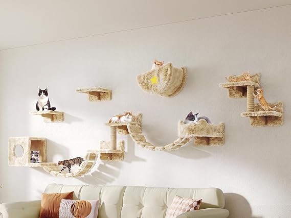 Cat Wall Furniture, 13 in 1 Moon & Bridge Cat Wall Shelves, Beige