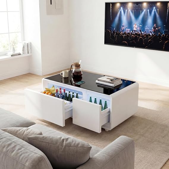 Smart Coffee Table with 93L Fridge Drawers, 15W Wireless Charging, Speaker