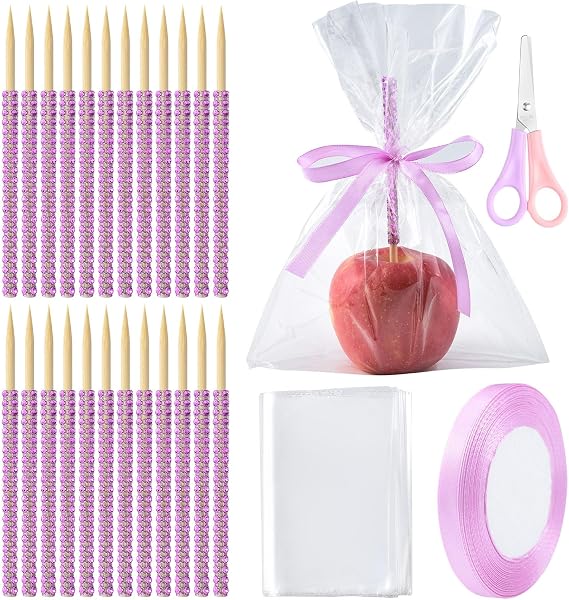 Bling candy apple sticks kits,with 24PCS 6-Inch Rhinestone caramel Apple Bamboo Sticks cake pop sticks 24PCS Bags a pair of Scissors a roll of Ribbon, Used for Various Holiday Parties(Pink)