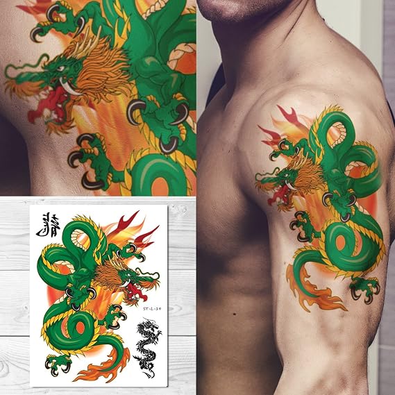 Supperb Temporary Tattoos - Green Dragon on Fires