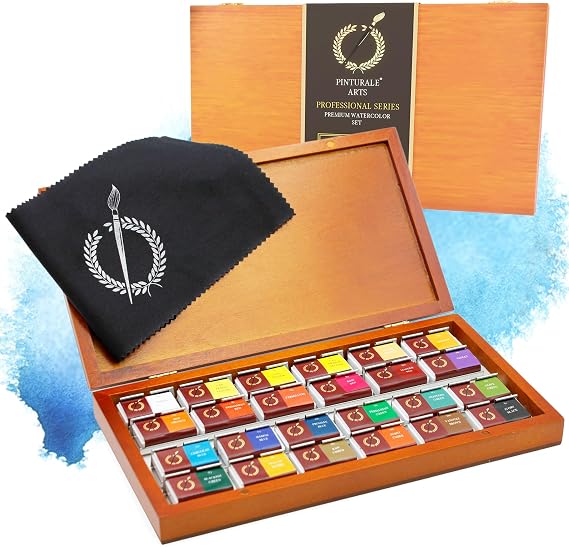 Pinturale Arts Watercolor Set Professional | 24 Richly Pigmented Colors (XL Pans) in Wooden Box | Artist Grade Watercolor Professional Paint Set