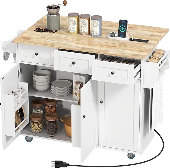 HOMCOM Rolling Kitchen Island Power Outlet Drop Leaf 53" Wood Top White