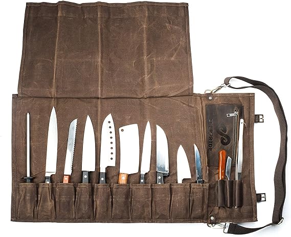 Chefs Knife Roll Bag PLUS Knife Guard Set (10-Piece Set) Canvas and Leather Knife Bag Holds 10 Knives and Cooking Tools Felt-Lined and BPA Free Knife Sheath Set Knives Not Included