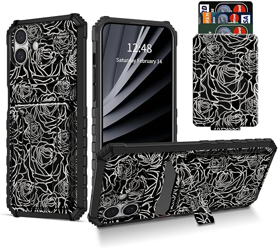 Black Rose Wallet Case for iPhone 16 Plus, Credit Card Holder ID Slot Hidden Pocket Built-in Stand Kickstand Rugged Full Covered Phone Case for iPhone 16 Plus