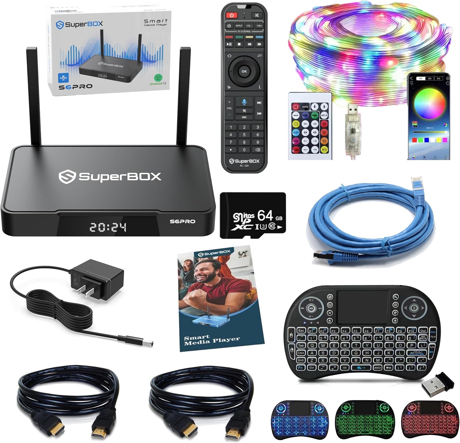 2025-S6 Pro Android 12, Dual WiFi 6 1000 Mbps, 6K Ultra HD Media Hub with 4 GB of RAM and 32 GB of Storage, Including TF Card, Network Cable, LED Keyboard