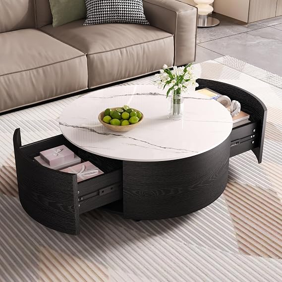 Henf 29.5" Round Coffee Table with Faux Marble Top, Modern Sintered Stone Top Living Room Table Round Center Tables with 2 Storage Drawers & Casters, Easy Assembly