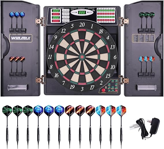 Electronic Dart Board LED Electric Digital Boards with Cabinet 12 Darts | 38 Games with 211 Variations,Low Bounce-Outs,for 16 Players; 5 Levels Cyber Play; 12 Darts and Accessories