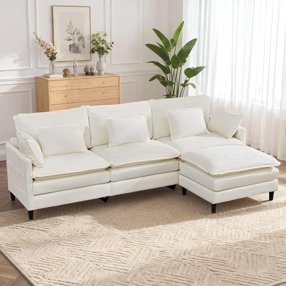 Modular Cloud Couch Sectional Sofa with Movable Ottoman, Modern Modular L-Shape Sofa Couch with Deep Seat,Chenille Sofa Sleeper Comfy Couches for Living Room (Beige White, 110.6''-L Shape)
