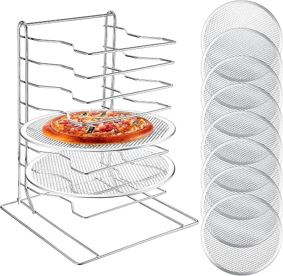 Zhehao Pizza Rack 8 Tiered Stand 16.7'' H x 12'' L x 12'' W and 8 Pcs Pans with Holes, Aluminum Baking Set for Easy Storage and Baking Multiple Pizzas