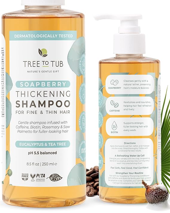 Tree To Tub Biotin Fine Hair Thickening Shampoo for Thicker, Fuller Volume - Gentle Volumizing Sulfate Free Argan Oil Shampoo for Women & Men wCaffeine, Organic Saw Palmetto, All Natural Tea Tree