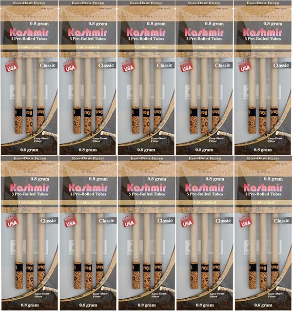 Kashmir Unbleached Classic Tubes with Natural Paper, for Convenient, Portable, and Easy to Fill 3 - Pack of 10