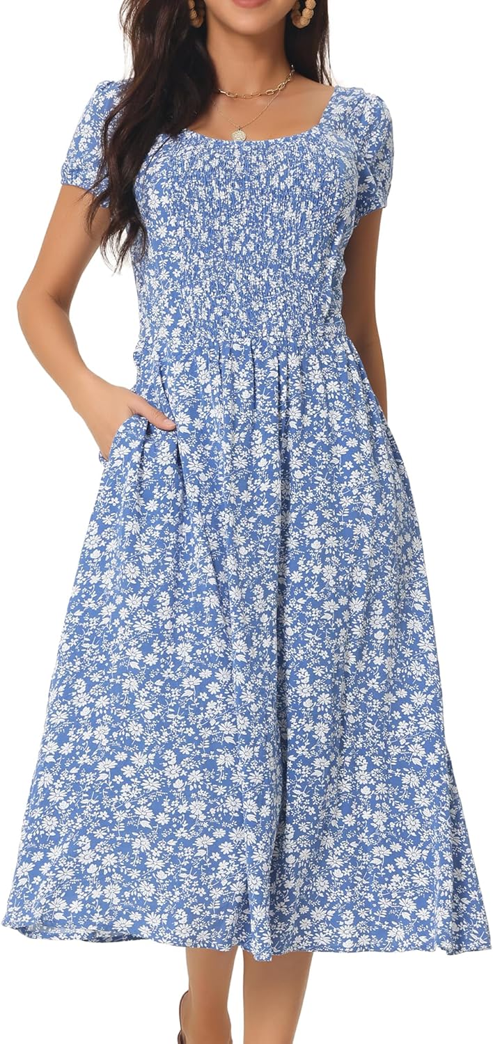 Seta T Womens Summer Midi Dress Crewneck Short Sleeve Smocked Boho Floral Flowy A Line Beach Dresses with Pocket