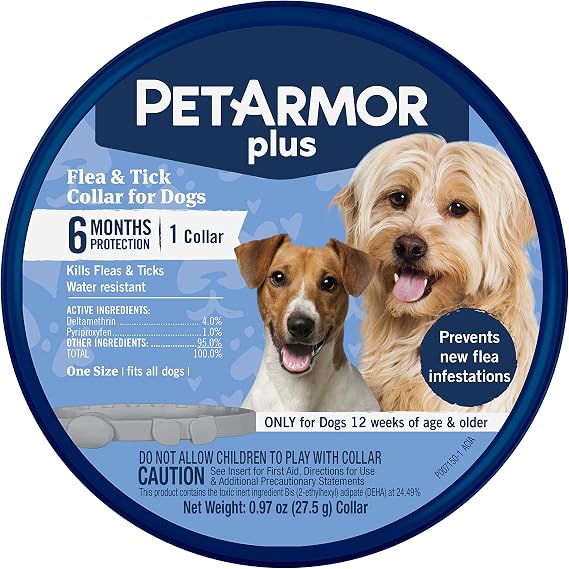 PetArmor Plus Flea & Tick Collar for Dogs, Kills Fleas & Ticks, Long Lasting Protection for 6 Months, Water Resistant, One Size Fits All, 1 Collar | Ideal for Dogs 12 Weeks+; Kills Fleas, Eggs, Larvae & Ticks; 1-collar pack; Water-Resistant Formula