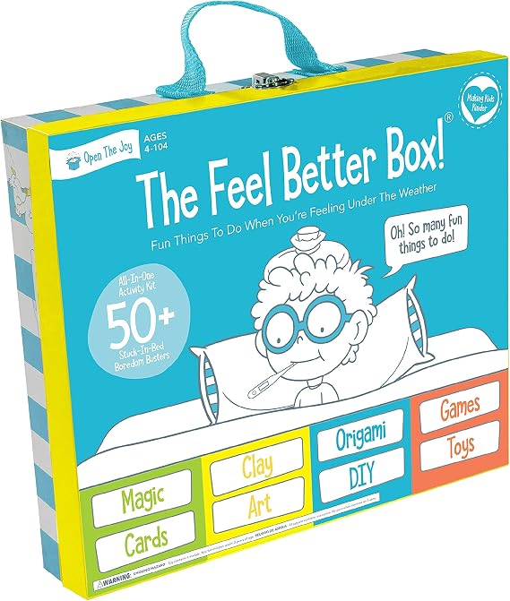 Feel Better Box Get Well Soon Gifts for Kids, 50+ Fun Activities, Games & Toys Kids Activity Gift Box with Crafts, Magic Tricks, Conversation Cards & Plush Toy Comfort Gift for 4+