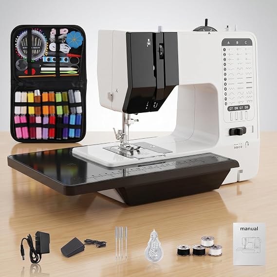 Sewing Machine for Beginners with 38 Built-In Stitches, 113PCS Kit, Extension Table, 3 Adjustable Speeds & Foot Pedal, Electric Portable Sewing Machine with 4 Presser Feet, LED Light Silver