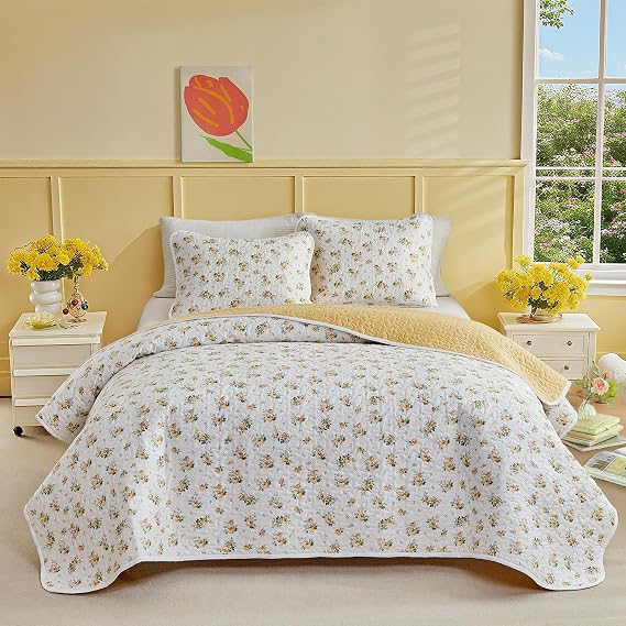 3 Pieces Cotton Quilt Set Queen, Yellow n White Floral Lovely Design for Girls, Cozy Lightweight Cotton Quilt Bedspread Bed Cover for All Season- 90x90 inches