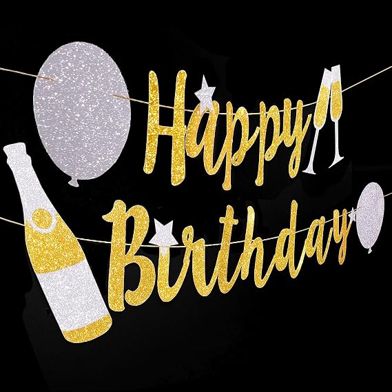 Birthday Decorations Banner by Aliza | Bday Decor – Huge 8-feet Long Gold Silver Birthday Supplies Glitter Sparkling Sign Garland – The Perfect Decoration for a Party