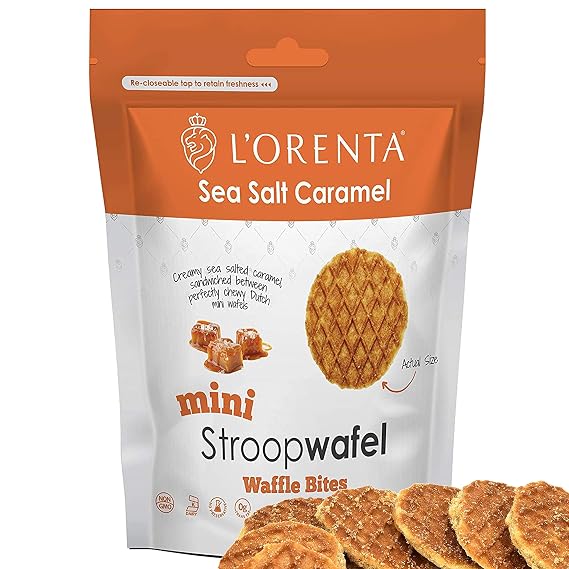 L'Orenta Mini Stroopwafel Waffle Bites, Sea Salt Caramel, Re-closeable Bag, Dutch recipe
