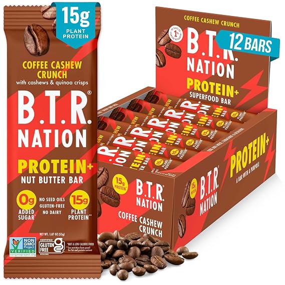B.T.R Nation - High Protein Bar Coffee Cashew Crunch - Vegan - 12 Bars | Keto-Friendly, 15G of Plant Protein, 10G of Fiber, Fiber Bars, Low Carb, Powerful Superfoods, No Added Sugar, Dairy, or Soy