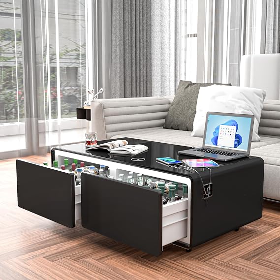 LUMISOL Smart Coffee Table with Built-in Fridge, USB Ports, RGB Light, Charging Power Socket, Smart Speaker and Wireless, Modern Coffee Table with Refrigerated Drawers for Living Room Office, Black