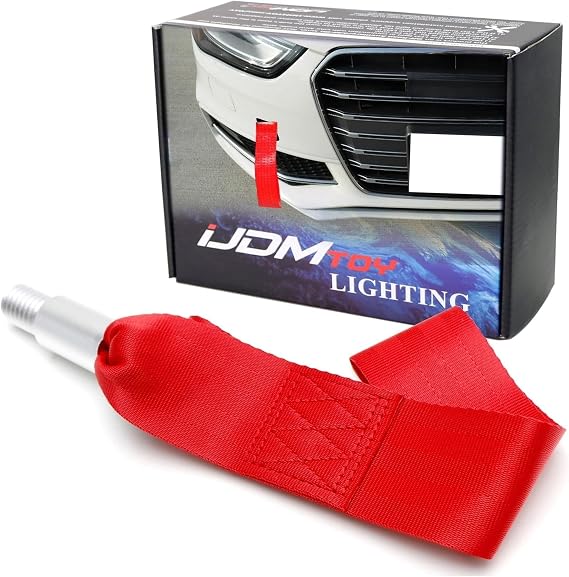 iJDMTOY Racing Style Tow Hook Mount Sports Red Towing Strap Compatible with 2008-up Audi A4 A5 A6 A7 S4 RS4 S5 RS5 S6 S7 RS7, etc