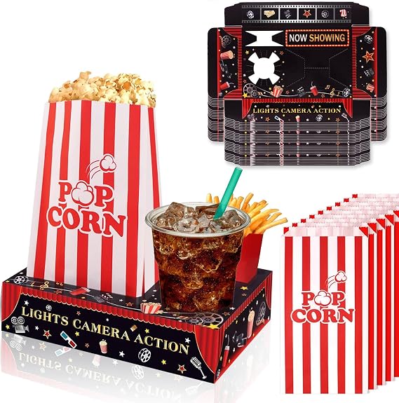 ENASGLOO 36 Pcs Movie Night Snack Trays with Popcorn Bags, Disposable Paper Snack Holder Movie Night Boxes for Cinema Movie Party Kids Birthday Party