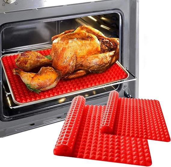 Silicone Baking Mat Sheets for Oven Mats Cooking Pan 16"x11" 6.7"x6.7" 2 Pack Non-Stickfor Oven Grilling BBQ (2 Pack Red 16"x11"+6.7"x6.7")