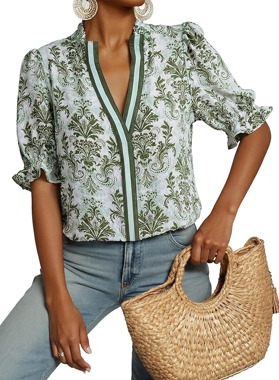 Dokotoo Womens Boho Floral Ruffle Shirt Puff Short Sleeve V Neck Blouse Top
