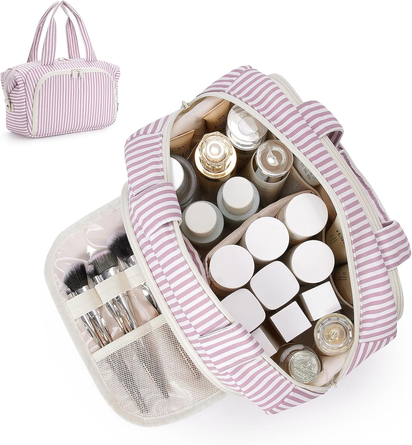 Narwey Large Wide-Open Toiletry Bag Large Wash Bag Makeup Bag Travel Organizer Cosmetic Bag for Women Dusty Rose Stripe