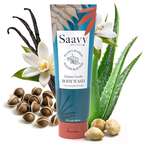Saavy Naturals Moisturizing Body Wash for Sensitive Skin Plant-Based & Pure with Coconut Oil, Shea Butter & Aloe Vera Paraben-Free, Cruelty-Free Tahitian Vanilla 8.5 fl oz, 1 pack