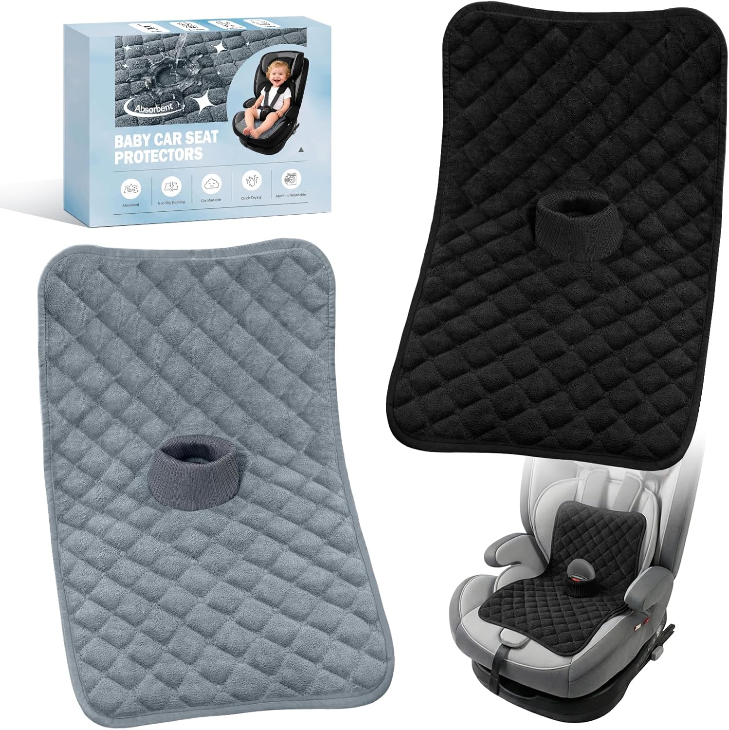 2PCS Potty Training Car Seat Protector, Waterproof Soft Pads for Toddlers and Infants, Machine Washable Reusable Non-Slip Liner Universal Fit All Baby Carseat, Black & Gray
