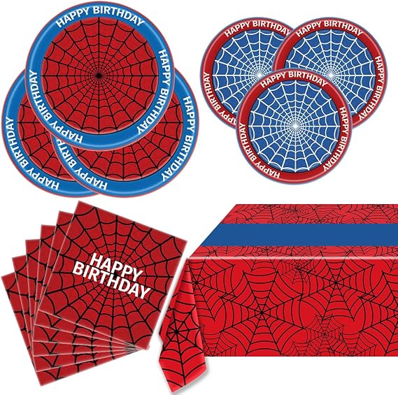 Spider Party Supplies, 40 spiderweb-patterned dinner plates, 20 paper napkins, and one 54-inch 108-inch tablecloth, Spider Theme Birthday Party Decorations