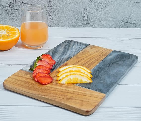 Cutting Board, Wooden and Marble Chopping Board - Stylish 12x9" Cheese & Charcuterie Board - Cutting Board for Meat, Bread, Pastry & Fruits - Elegant Serving Tray for Kitchen or Gift Set