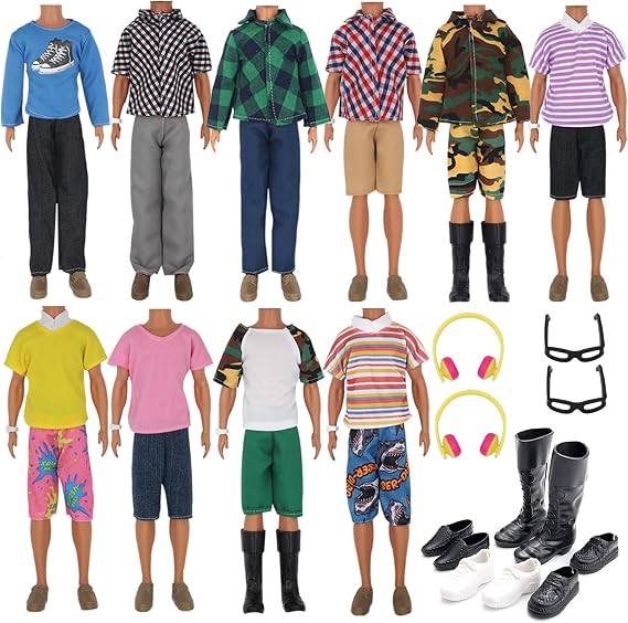 ZTWEDEN 32Pcs Doll Clothes and Accessories for 12 Inch Boy Dolls Include 20 Different Wear Clothes Shirt Jeans Beach Shorts 4 Pairs of Shoes, Glasses, Earphones for 12'' Boy Doll