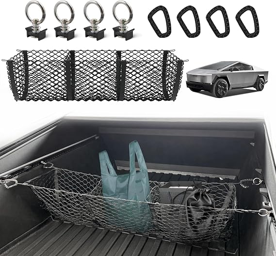 BestEvMod Cargo Mesh Net for 2024-2026 Tesla Cybertruck (3 Pocket) | extra Strong Hook Stretchable Trunk Organizer Cargo Net