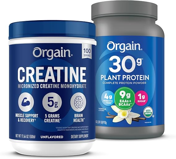 Orgain Creatine Monohydrate Powder 17.64 Oz (100 Servings) & Organic Vegan Protein Powder Vanilla 2.01lb Bundle - Muscle Growth & Recovery Support