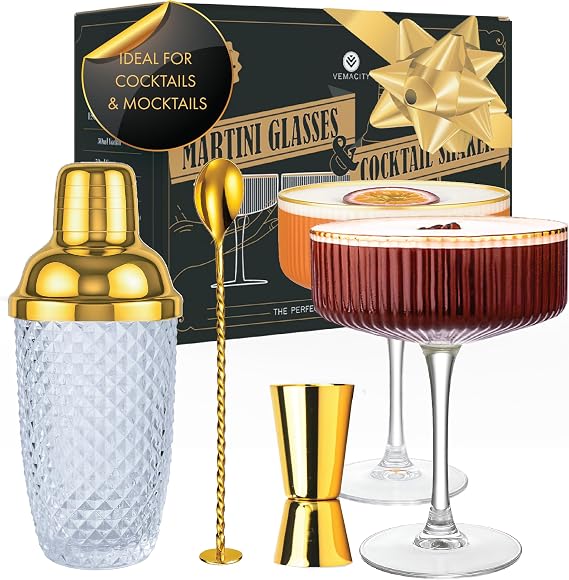 Vemacity Luxury Glass Cocktail Shaker Set | 500ml Gold Shaker w/Inbuilt Strainer + Ribbed Espresso Martini Glasses Set of 2 | Gold Spoon & Jigger | Cocktail Making Kit | Ideal for Gifting
