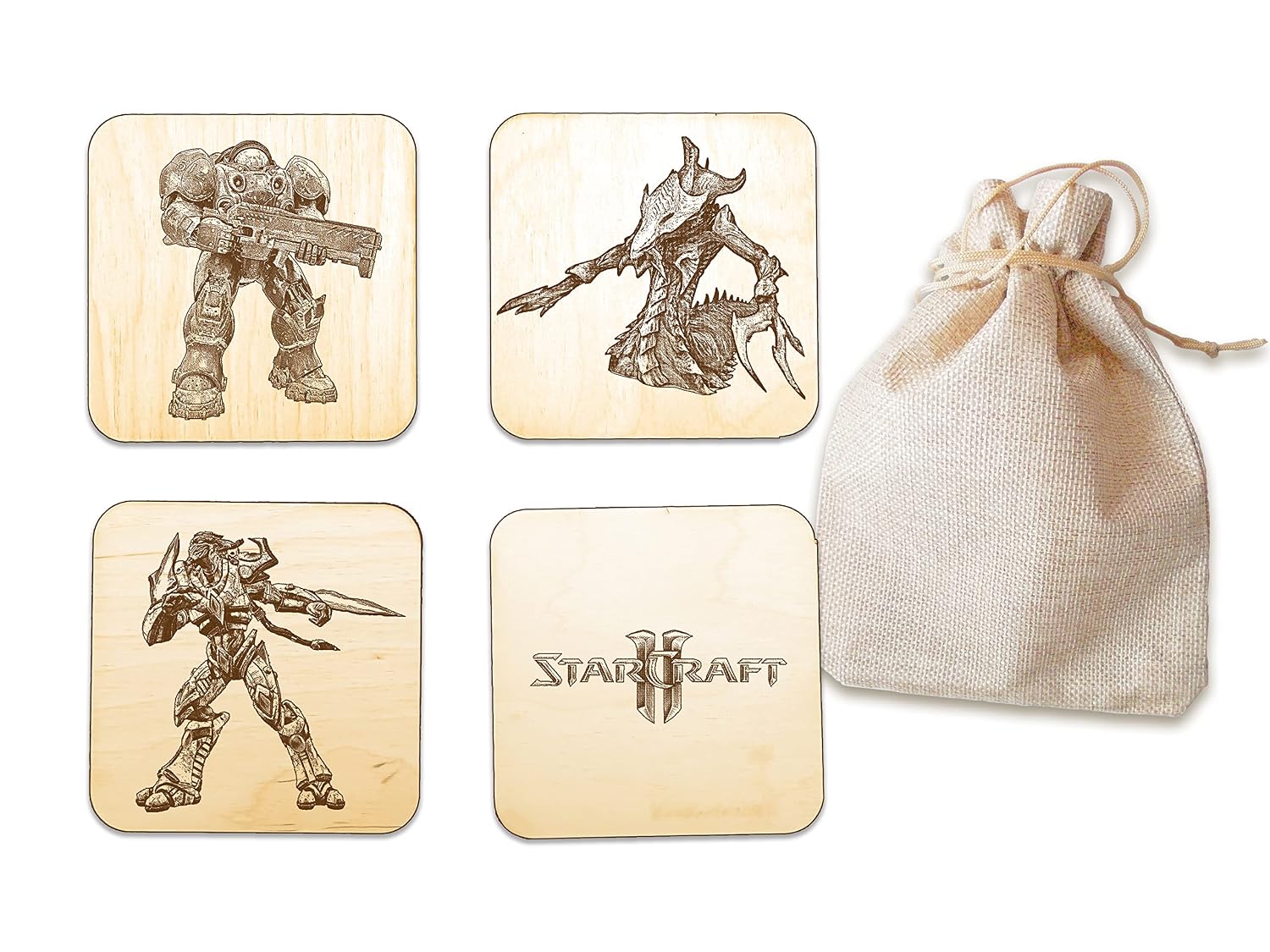 Starcraft 2 Coasters Set of 4 Terran Protoss Zerg Units Steam Gamer Fan Nerd Geek Gift Idea SC2 Gaming Drink Coasters 4 Coasters  Bag