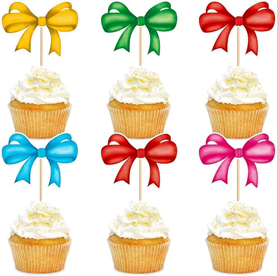 24pcs Color Bowknot Cupcake Toppers Cake Dessert Picks Decoration For Baby Shower Princess Cupcake Toppers for Birthday Party