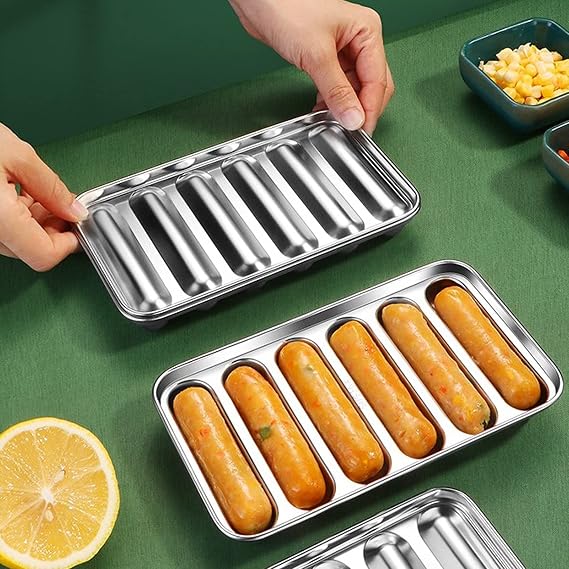 Sausage Mold with Lid, 304 Stainless Steel Hot Dog Mold Homemade 6-Cavity Cooking Steaming Sausage Baking Mold Tool for Homemade Hotdog Food Supplement