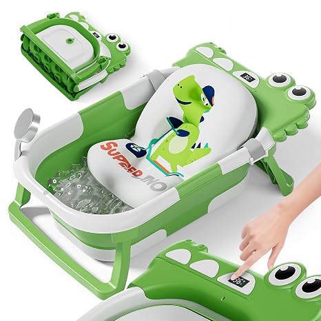 Foldable Baby Bath with Non-Slip Bath Pillow XXL Baby Bath Seat and Bath Thermometer From Birth to 3 Years Baby Bathtub Birth Gifts for Girls and Boys