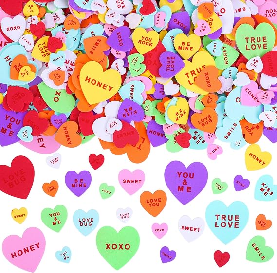 Ruisita 500 Pieces Valentine's Day Heart Shaped Foam Stickers in Pure Color Printed Letters 8 Colors 3 Sizes Self-Adhesive Stickers for Valentine's Day Scrapbooking Craft Decorations