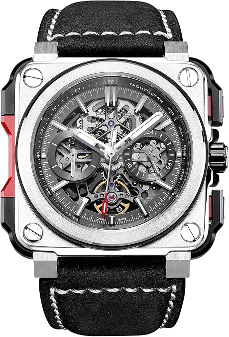 FEICE FM507 Mens Automatic Skeleton Watch Mechanical Calendar Mens Wristwatch Black Leather Strap Square Sport Luminous Clock Watches 10ATM Waterproof Sport Watches for Men.