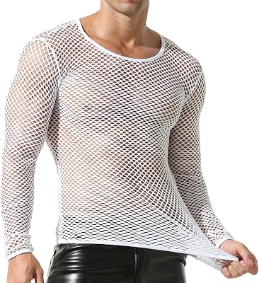 QiaTi Mens Fishnet Shirt Mens Fishnet Top Mesh Transparent Long Sleeve Muscle T-Shirt Net Undershirt Top for Men