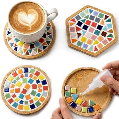 Nuyoach DIY Mosaic Coaster Kits for Adults Craft,2 Sets Ceramic Arts and Crafts Tile Kit with Wooden Coasters,Glass Mosaic Adult Craft Kits for Women Seniors Handmade Christmas Gifts Home Decor
